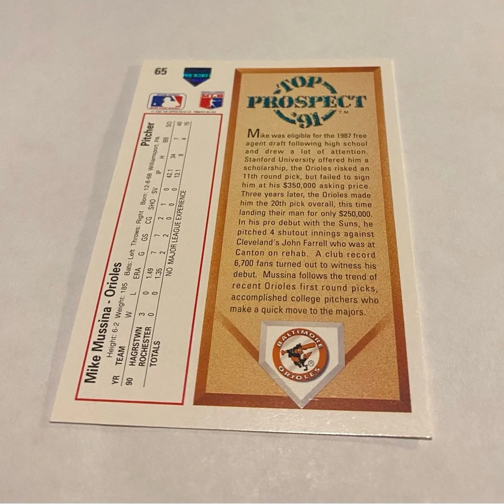 Mike Mussina RC Rookie 1991 Upper Deck Baseball Card #65 Baltimore Orioles